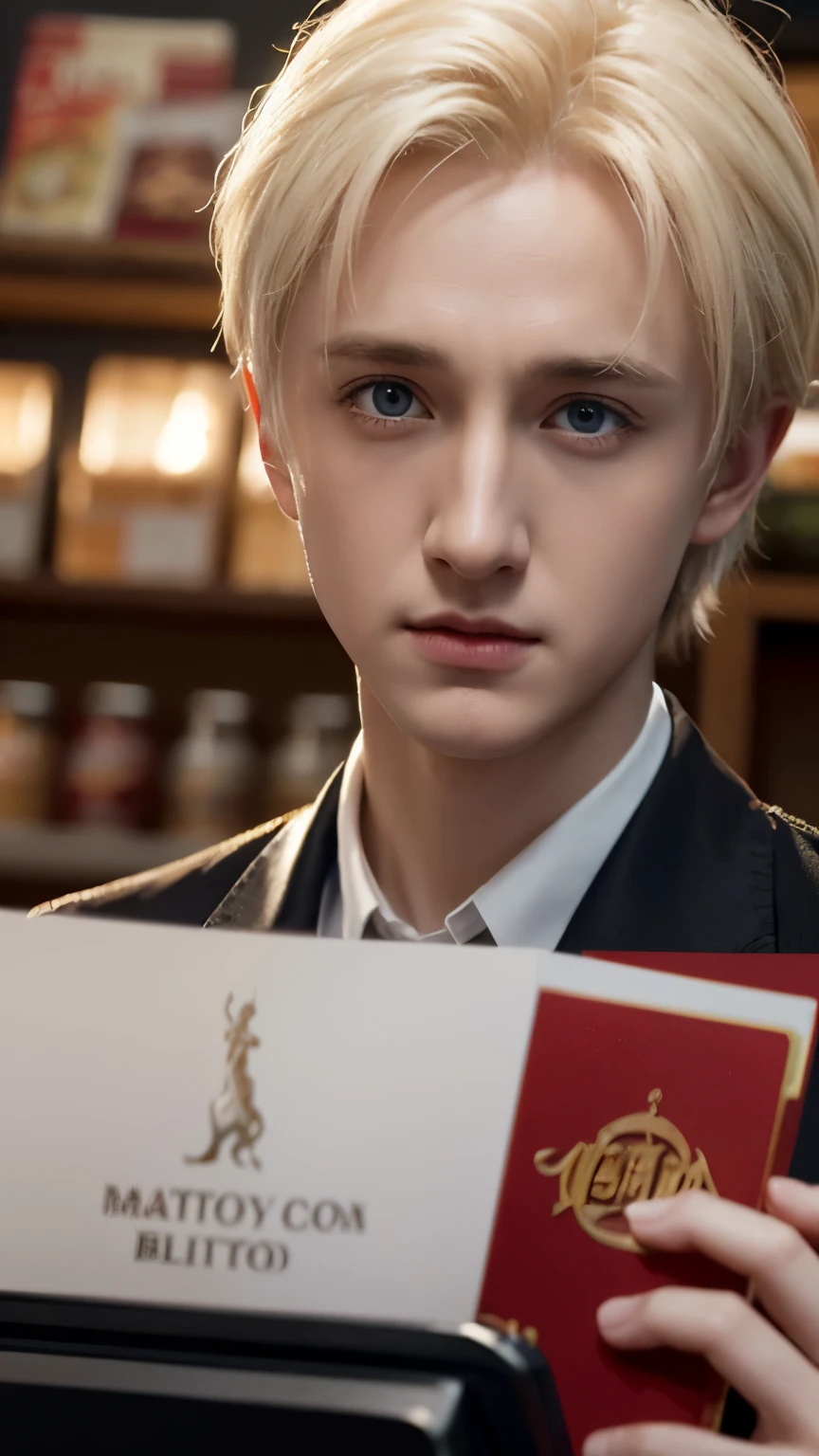 Epic CG illustration in the style of artist wlop,Draco Malfoy played by Tom Felton,Handsome,young,as a cashier in a grocers in a drama,positively,card illustration, close-up,3D rendering, realistic light and shadows, fine details, illustration poster, color corrected,meticulous portrait
