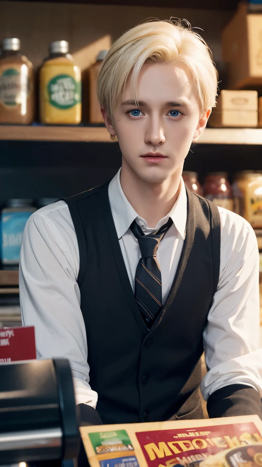 Epic CG illustration in the style of artist wlop,Draco Malfoy played by Tom Felton,Handsome，young，as a cashier in a grocers in a drama,positively,card illustration, close-up,3D rendering, realistic light and shadows, fine details, illustration poster, color corrected，meticulous portrait