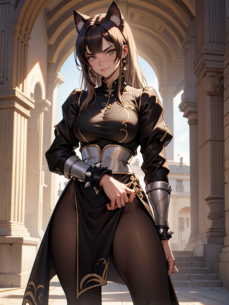 beautiful young female warrior fighter with cat ears on her head, com rosto bem detalhado e bonito, belos olhos, belos olhos, rosto lindo, beautiful young woman wearing long brown leggings with black details, sueter apertado branco, standing in a castle, usando bota preta, cabelo comprido com franja preto, ,orelhas de gato, belo sorriso, tomboy, um pouco musculosa,suter branco com cinta em volta, olhar serio,usando jaqueta de couro apertado preto, com ombreiras de prata nos ombros
