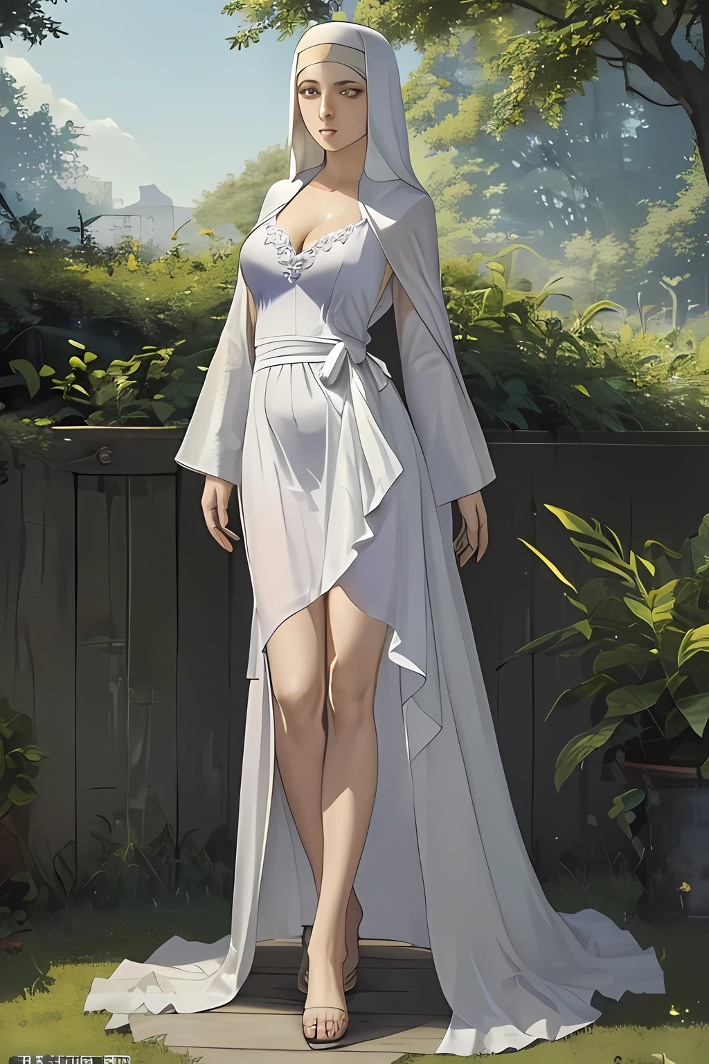 1girl, solo, Modest A-line dress made of sturdy cotton, in a rich maroon color, featuring a high waistline, long fitted sleeves, and a linen coif, Superwoman, Tall, Athletic, Diamond-Shaped Face, Fair Skin, Silver Hair, Gray Eyes, Wide Nose, Pouty Lips, Receding Chin, Shoulder-Length Hair, Coarse Hair, Bob with Bangs, augmented breasts, Drop earrings, berry cream lipstick, Sitting with one leg extended and bending the other leg with foot against the thigh, Stately medieval manor surrounded by manicured gardens and a tranquil moat, frown, interested, ^_^, breathtaking, intricate details, absurdres, highres, ultra detailed, highest quality, amazing details, <lora:add_detail:0.7> <lora:GoodHands-beta2:1>