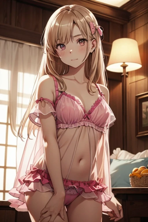 top-quality, A detailed face,  1 girl in, a sand-haired, long haired, orange eyed, ((pink doll)), ((frilly babydoll)), ((see-through)), off shoulders, wearing a pastel pink (sheer) babydoll, cute pink panties and bra underneath her sheer babydoll,