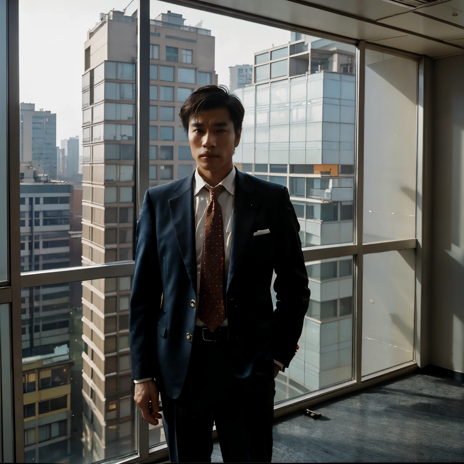 A film picture with more noise in the 1980s,photograph,Inside a high-rise building, downstairs is the street scene of the 1980s, a Chinese city,A man in a suit is standing by the window of an office on the first floor of a high-rise building.,a cigarette in his hand,Overlooking everything downstairs,