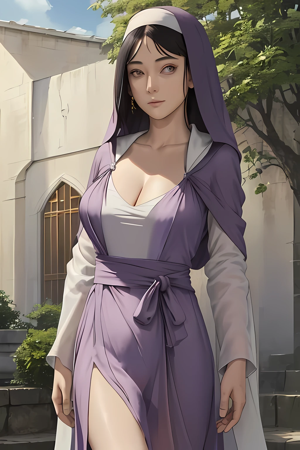 (Masterpiece, Top Quality, Best Quality, Official Art, Beautiful and Aesthetic: 1.2), (1 young slim nun), Extremely Detailed, Natural Colors, Highest Detailed, Official Art, Springtime Landscape Background, Ultra-Detailed, Beautiful and Aesthetic, Serene Expression,
(Covered in a thin, flowing robe), (Standing with legs hip-width apart outdoors), (Breasts covered, yet their gigantic size is suggestively apparent), (Cleavage discreetly hidden yet alluringly hinted), (Braless under the robe, creating a slight transparency),
(Long, straight, dark hair