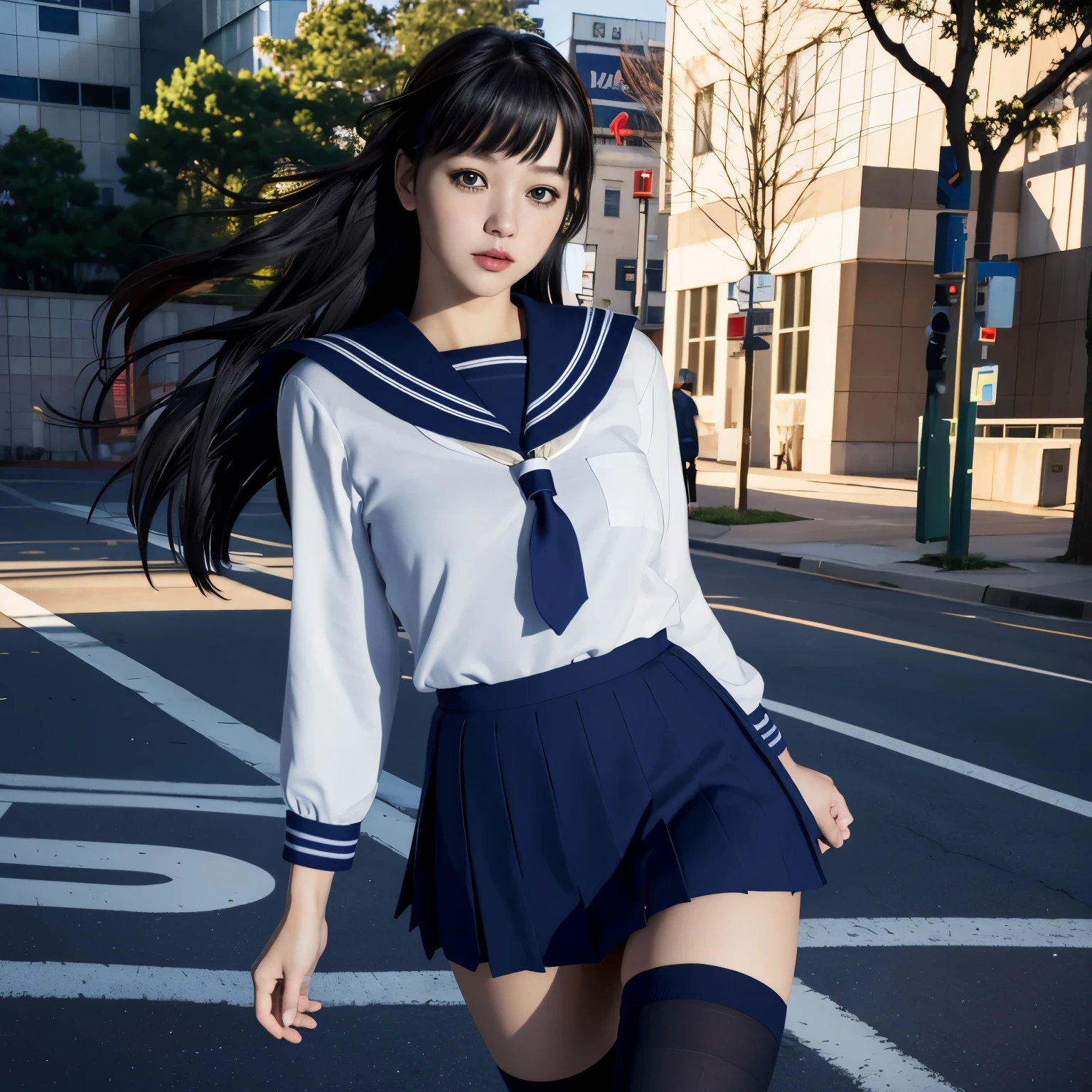 (8K, highest quality, masterpiece:1.2), (realistic, photo-realistic:1.37), Super detailed,highest quality, ultra high resolution, professional lighting, photon mapping, radio city, Physically based rendering, cinematic lighting, midnight road,Depth of written boundary, sharp focus, light, good composition,(beautiful thighs) 1 girl,alone,(whole body), ((high school girl sailor suit、navy knee socks)),fine and beautiful eyes, temporarily stop, tight waist,Japanese high school girl, black hair,messy hair,long hair fluttering in the wind,(Ulzzang-6500:1.2) mix 4,