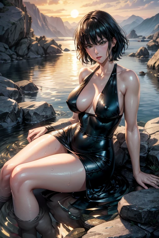 (masterpiece),best quality,(high resolution),8k,1woman,full body,(((perfect face))),looking at viewer,alpenglow,(((realistic))),pale skin fighter,black short hair,black eyes,orgasm,large breasts,large ass,small nipples,,,wet sweat,reclining,Fubuki(one panch man)nsfw,onsen,In towel