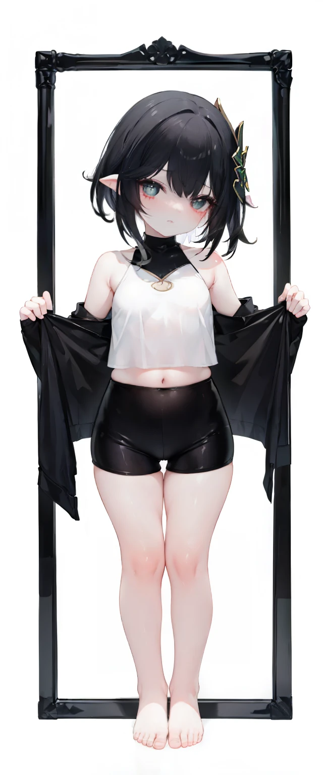 ,child,cute,black hair,thick thigh ,short leather pants,black mini camisole, thick thighs,flat chest,black color tank top,black mini camisole,crop top, Nahida, ,child,flat chest,fullbody, thick thighs, blushing,lolild, standing straight, head to toe capture on the frame,loli,,looes,baeet,, ,white background, cute,open abdomen,perfect body ratio, body ratio, white background, front facing, looking at viewer, ,, baby girl