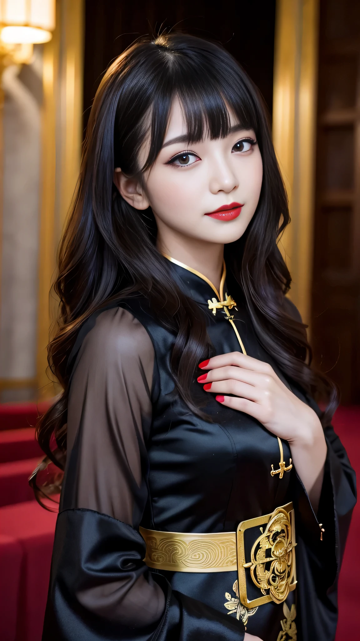 tra-detailed、2people、japanese people、attractive beauty、Captivating large people women、pretty woman、piercing eyes、cool girl、wavy hair、swept bangs、Long Black and Gold Cheongsam、wide sleeves、Evil cadres、evil depravity、brainwash、mind control、lipstick、have、lip gloss、dark makeup、smirk、Evil expression、evil、hollow eyes,half-closed eyes、empty eyes、evil、church at night、vampire、succubus、vampire、Swear allegiance、sexy pose