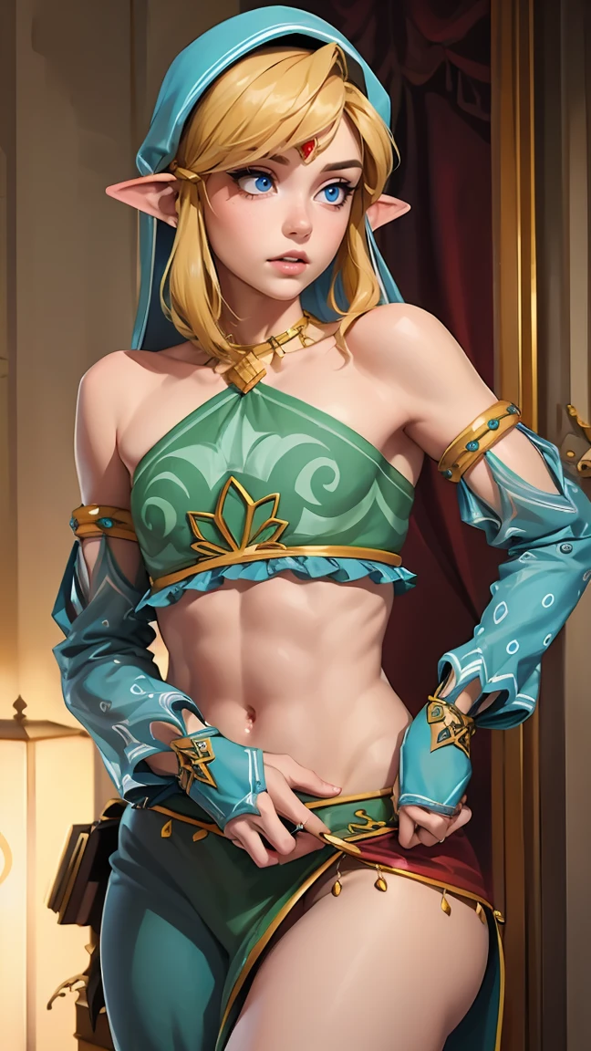 ((masterpiece)), ((best quality)), (detailed), perfect, solo, link, gorgeous boy, luscious lips, blonde hair, sexy, sexy marked collarbones