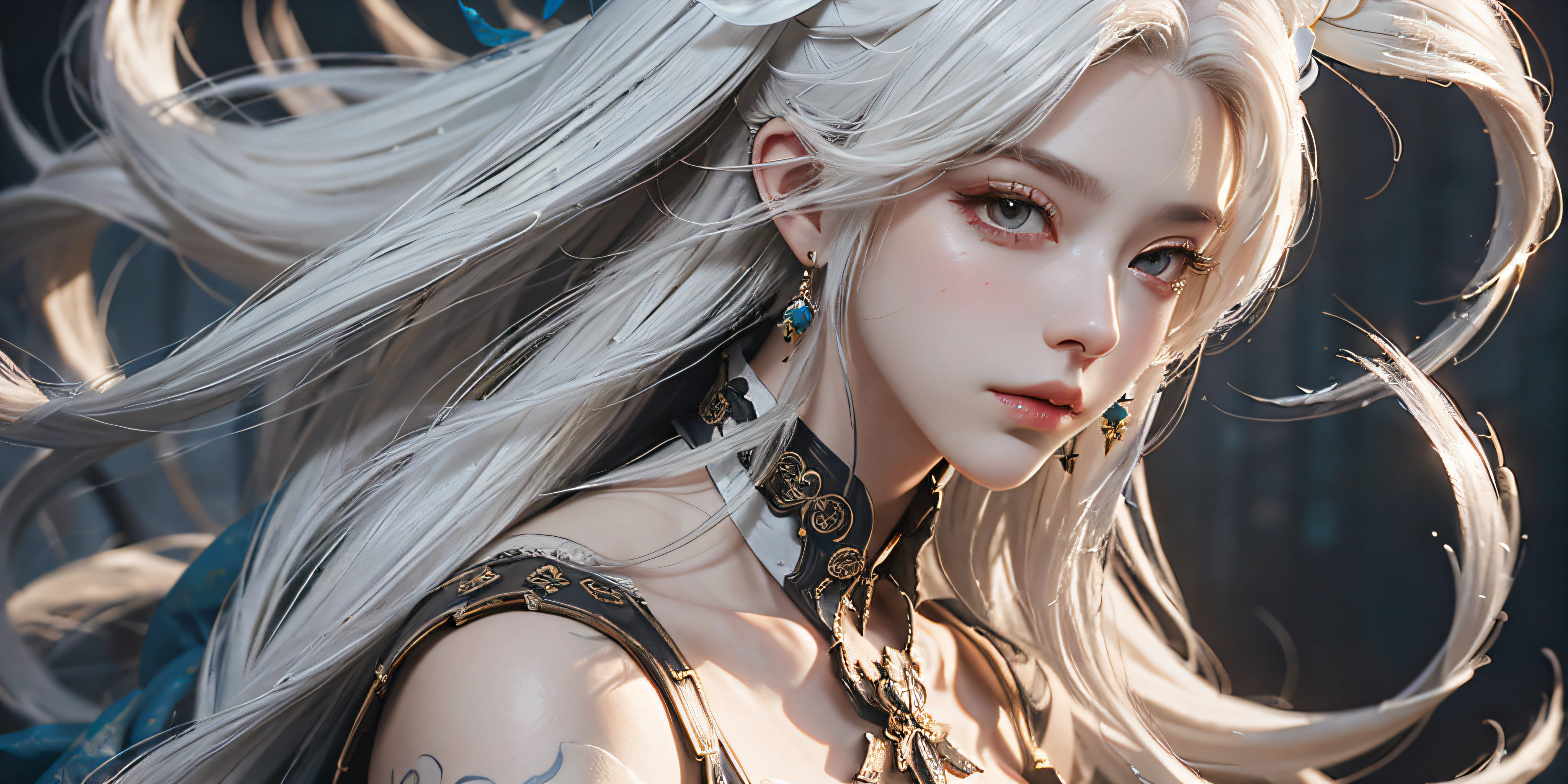 photorealistic, high resolution, 1women, solo, hips up, look at viewer, (detailed face), white hair, long hair, dress, Miss Universe, crown, jewelry, tattoo