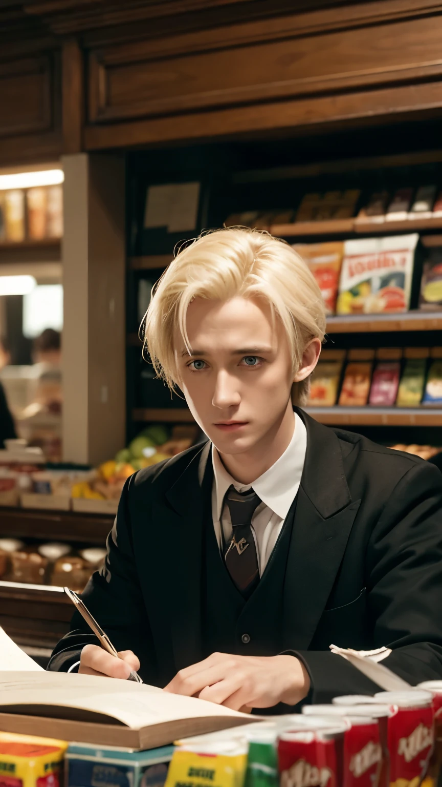 Epic CG illustration in the style of artist wlop,Draco Malfoy played by Tom Felton,Handsome，young，as a cashier in a grocers in a drama,positively,card illustration, Potions，close-up,3D rendering, realistic light and shadows, fine details, illustration poster, color corrected，meticulous portrait