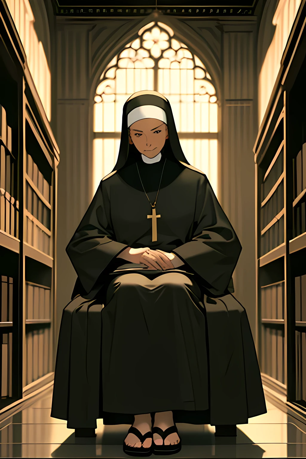Mature nun, solemn expression, wrinkled face with deep lines, traditional religious habit with long robe and veil, weathered hands holding a rosary bead, serene posture, seated in a dimly lit room, surrounded by empty shelves and books, peaceful aura, intricately detailed habit, smiling gently, wearing simple yet elegant sandals, soft and wise gaze, expressing profound wisdom and compassion.