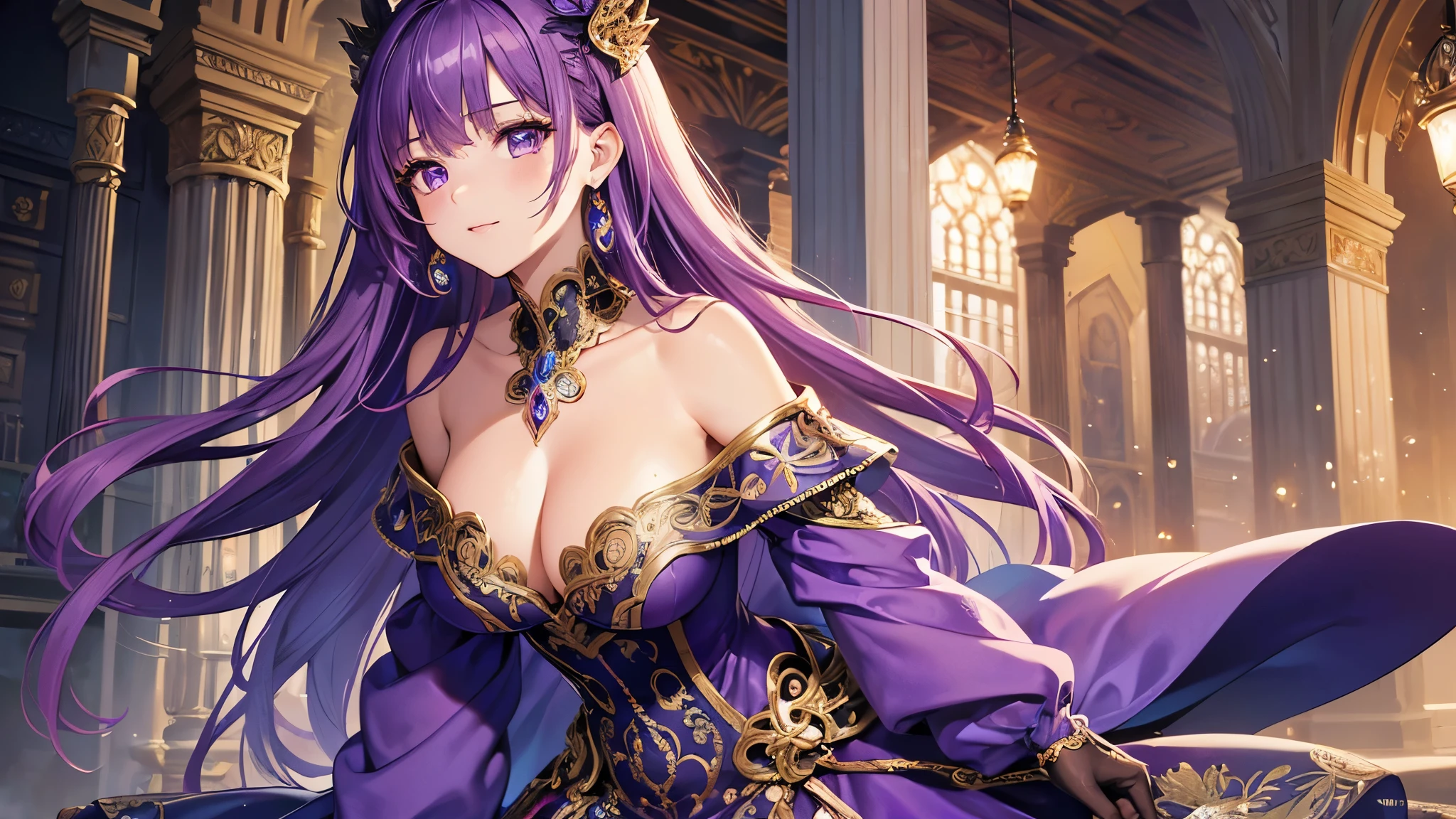 ((highest quality)),(ultra high resolution),(Super detailed),(detailed description),((best CG)),(best work of art),super precision art,amazing drawing art,(Fantasy art with intricate detail:1.5), (lady:1.6),(Shiny, bright violet hair:1.4),(An off-the-shoulder sleeveless dress with intricately detailed jewels:1.6)