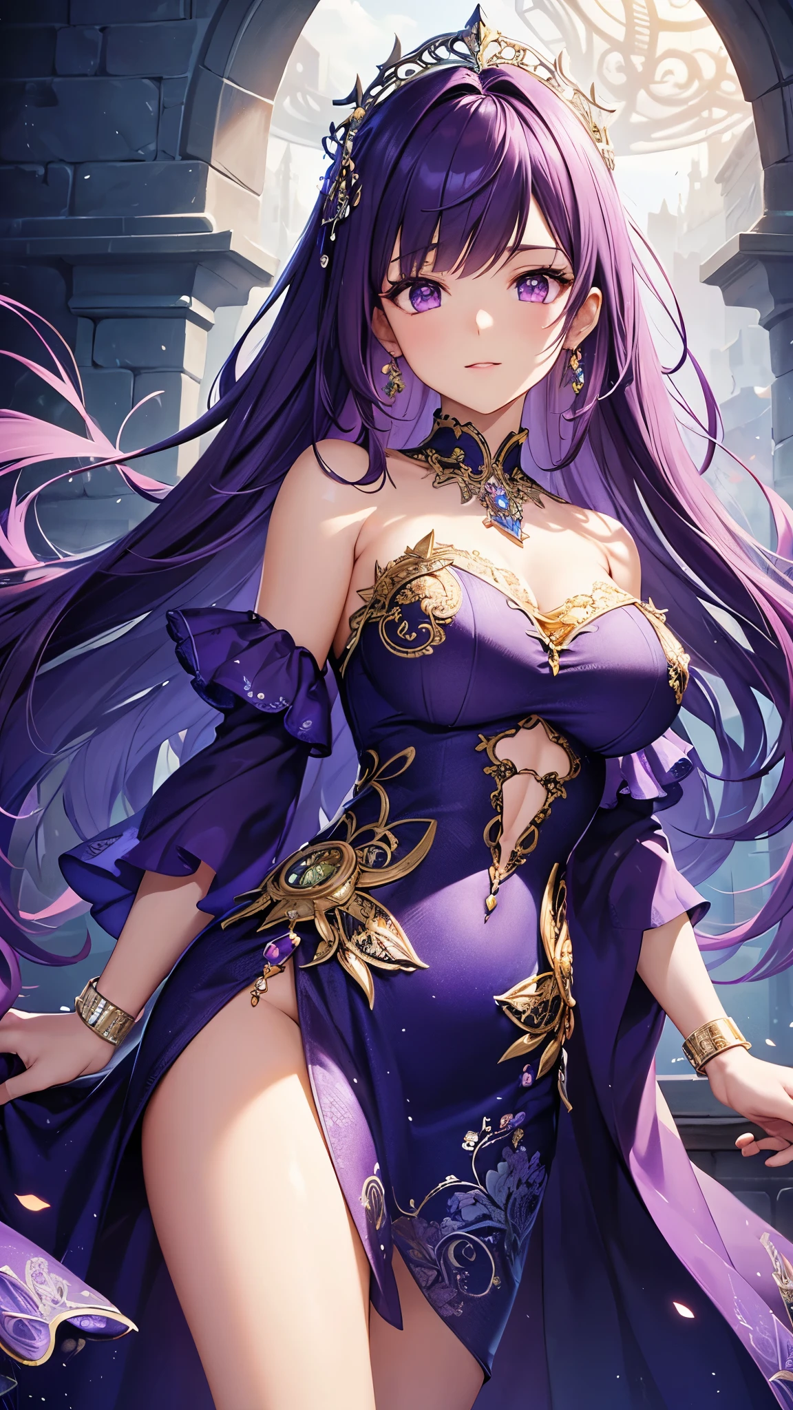 ((highest quality)),(ultra high resolution),(Super detailed),(detailed description),((best CG)),(best work of art),super precision art,amazing drawing art,(Fantasy art with intricate detail:1.5), (lady:1.6),(Shiny, bright violet hair:1.4),(An off-the-shoulder sleeveless dress with intricately detailed jewels:1.6)