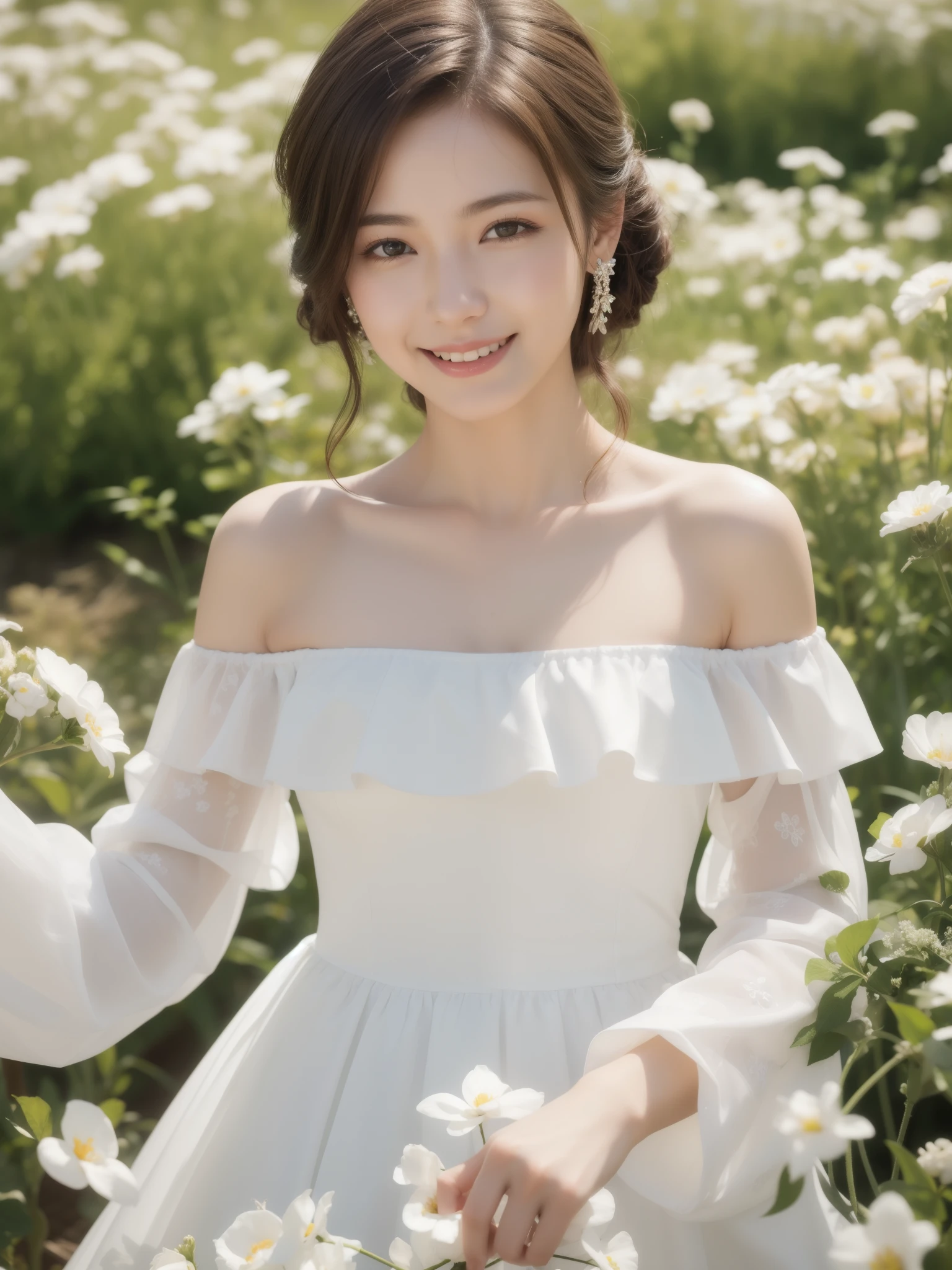 best quality, masterpiece, ultra high resolution, (realistic:1.4), RAW photos, 1 woman, white dress, off shoulder, flower field in full bloom, glowing skin, light smile, jeweled dress
