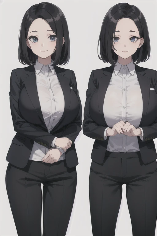 highest quality, (masterpiece:1.2), 
1 girl, alone, closed mouth, smile,
black hair、semi short、mother、part your bangs in the middle、I can see the forehead, (huge breasts)
(tight knit、Put on a jacket、slacks)
Are standing, looking at the viewer,I can see the whole body