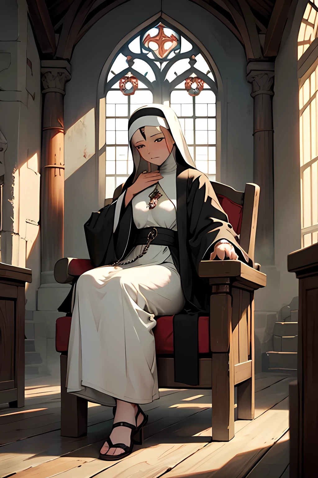 Old Nun, hollowed sanctuary, profound serenity, sage figure, wrinkled face, hair in a wispy bun, deep-set wise eyes, creased brow, venerable hands, worn habit, rosary beads in hand, humble posture, spiritual focus, mortarboard, black and white picture, peaceful gaze, craggy hands, creaky wooden chair, ancient parchment, monastic cell, faded wall paintings, tranquil atmosphere, intricately embroidered robe, holy symbols, pious devotion., full body shot, fully clothed, covered breasts, covered areola, covered nipples, covered cleavage