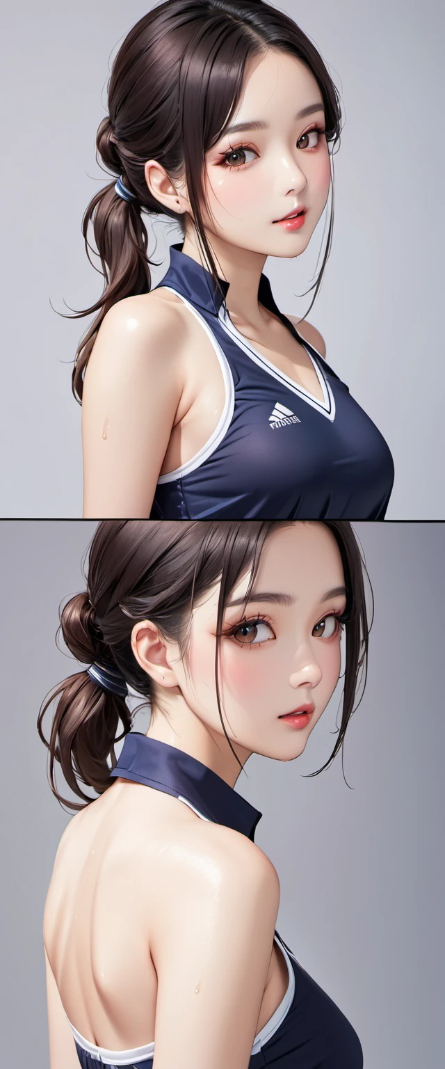 (masterpiece,highest quality,超A high resolution),japanese woman, (((Very beautiful 25 year old girl))), pretty girl、look at the photographer､  ((beautiful low ponytail)), super cute face, glossy lips, double eyelids in both eyes,natural smile、 natural makeup, long eyelashes, shiny smooth black hair､center image,  perfect limbs, perfect anatomy,(((women&#39;s tennis uniform)))、,(wet with sweat),,look back,See-through
