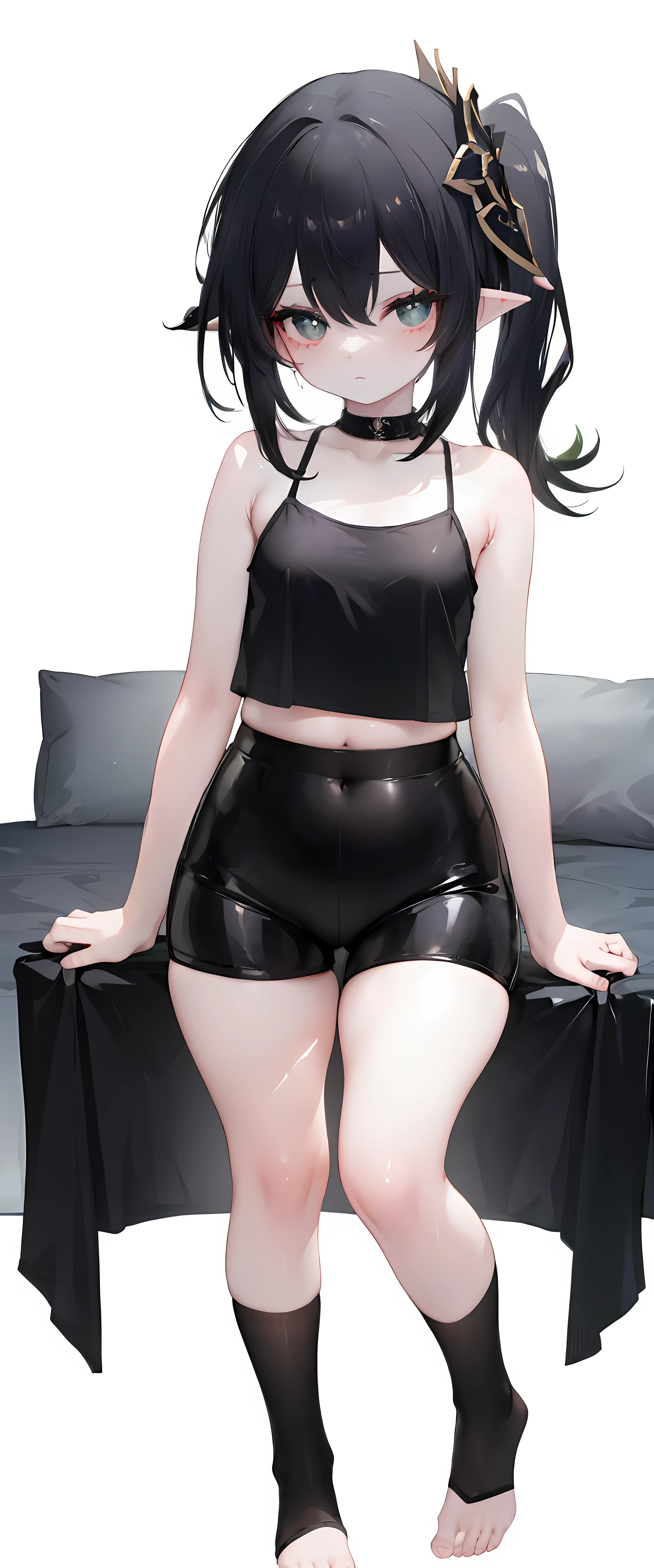 ,child,cute,black hair,thick thigh ,short leather pants,black mini camisole, thick thighs,flat chest,black color tank top,black mini camisole,crop top, Nahida, loli,child,flat chest,fullbody, thick thighs, blushing,loli,, standing straight, head to toe capture on the frame,loli,, toes,bare feet,, ,white background, cute,open abdomen,perfect body ratio, body ratio, white background, front facing, looking at viewer, ,, baby girl