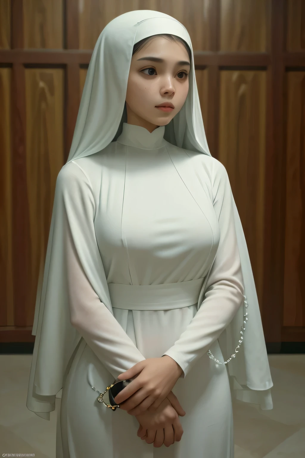 (Masterpiece, Young Nun), (High Quality, Spiritual Figure), (Female Character, Religious Icon), (Detailed Attire, Habit), (Nun's Veil, Covered Head), (???? Neckline, Modest Plunge), (Natural Complexion, Radiant Skin), (Soft Lighting, Holy Sanctuary), (Realistic Texture, Fabric Wrinkles), (Deep Focus, Close-up Portrait), (Young Face, Innocent Expression), (Hands, Holding Rosary Beads), (Gazing into the Distance, Contemplating), (Serene Environment, Monastery), , full body shot