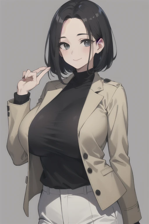 highest quality, (masterpiece:1.2), 
1 girl, alone, closed mouth, smile,
black hair、semi short、mother、part your bangs in the middle、I can see the forehead, (huge breasts)
(Grey tight knit、Put on a khaki jacket、White slacks)
Are standing, looking at the viewer,I can see the whole body