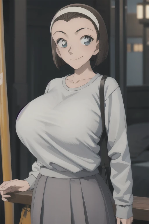 highest quality, (masterpiece:1.2), 
1 girl, alone, closed mouth, smile,
brown hair、short bob、hair band、I can see the forehead, (huge breasts)
(Oversized grey sweatshirt、long skirt)
Are standing, looking at the viewer,I can see the whole body