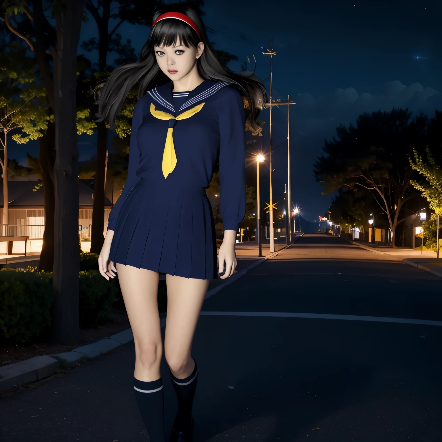 (8K, highest quality, masterpiece:1.2), (realistic, photo-realistic:1.37), Super detailed,highest quality, ultra high resolution, professional lighting, photon mapping, radio city, Physically based rendering, cinematic lighting, midnight road,Depth of written boundary, sharp focus, light, good composition,(beautiful thighs) 1 girl,alone,(whole body), ((high school girl sailor suit、navy knee socks)),fine and beautiful eyes, temporarily stop, tight waist,Japanese high school girl, black hair,messy hair,long hair fluttering in the wind,(Ulzzang-6500:1.2) mix 4,