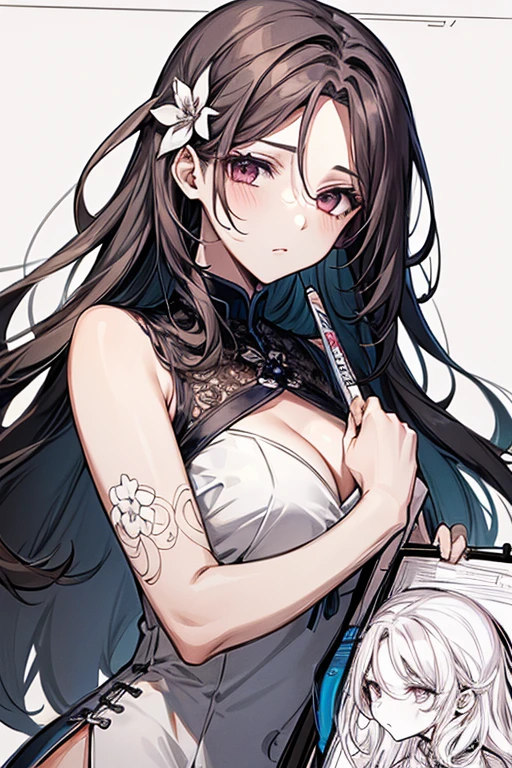 Photo of a woman with long hair,A flower stuck in his hair, 美丽的line drawing, clean line drawing, perfect line drawing, line drawing behance hd, extremely fine ink line drawing, hyper 详细的line drawing, 精美的line drawing, intricate line drawing, 详细的line drawing, line drawing, bold line drawing, detailed manga style, Very fine lines, line drawing