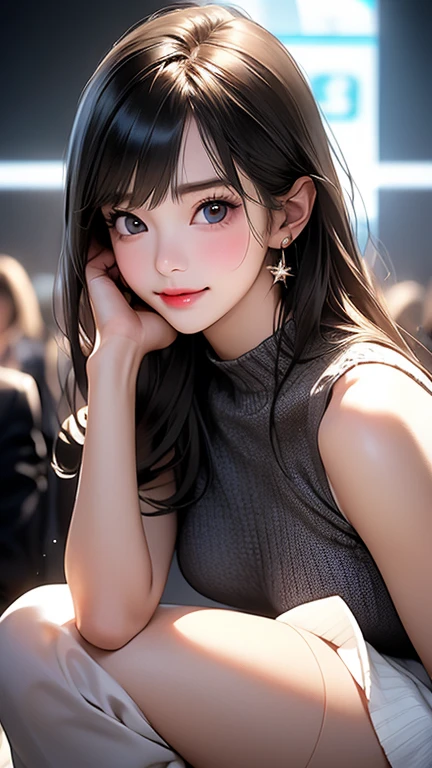 (8K, 超High resolution, highest quality, debris flies:1.2),(26 years old:1.2)、(big smile)、(look away)、8K、Japanese girl raw portrait、超High resolution、highest quality、 (small breasts:1.5),(sleeveless knit dress:1.5)、(from below:1.2)、walk、support your chest with your hands、(panty shot:1.2)、(city:1.4) Blake is (natural skin texture、fine skin、hyper realism、Super sharpness)、intricate details、Depth of written boundary、idol sculpture、actress model pose、 lady、、long black hair、Rear view、beautiful butt、star piece、highest quality、High resolution))、(1 girl)、(realistic:1.4)、alone、close your mouth、Smile、smile happily、pretty black hair、Big eyes、Clear double eyelids、eyelash、stick out ears、long neck、Absolute area、beautiful clavicle、perfect face、bangs、きれいなbangs、thin lips、Fair skin、small face、face becomes smaller、draw all the heads、look slightly upward at the camera、(look at the audience、eye highlights、light brown eyes、lip gloss chest bulge、squat、white boots、