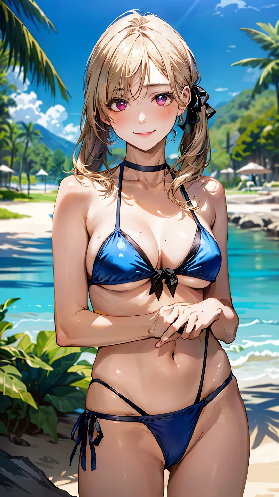 (masterpiece:1.2, top-quality), (realistic, photorealistic:1.4), beautiful illustration, (natural side lighting, movie lighting), nsfw:1.2,
looking at viewer, cowboy shot, 1 girl, japanese, gravure Idol, high school girl, perfect face, cute and symmetrical face, suntan, shiny skin, slender,
(short hair:1.2, twintail:1.2, blonde hair), parted bangs, maroon eyes, long eye lasher, (large breasts:0.6),
beautiful hair, beautiful face, beautiful detailed eyes, beautiful clavicle, beautiful body, beautiful chest, beautiful thigh, beautiful legs, beautiful fingers,
((lighht blue bikini), choker, wrist chakra),
(beautiful scenery), tropical beaches, (extremely sexy), (lovely smile, upper eyes),