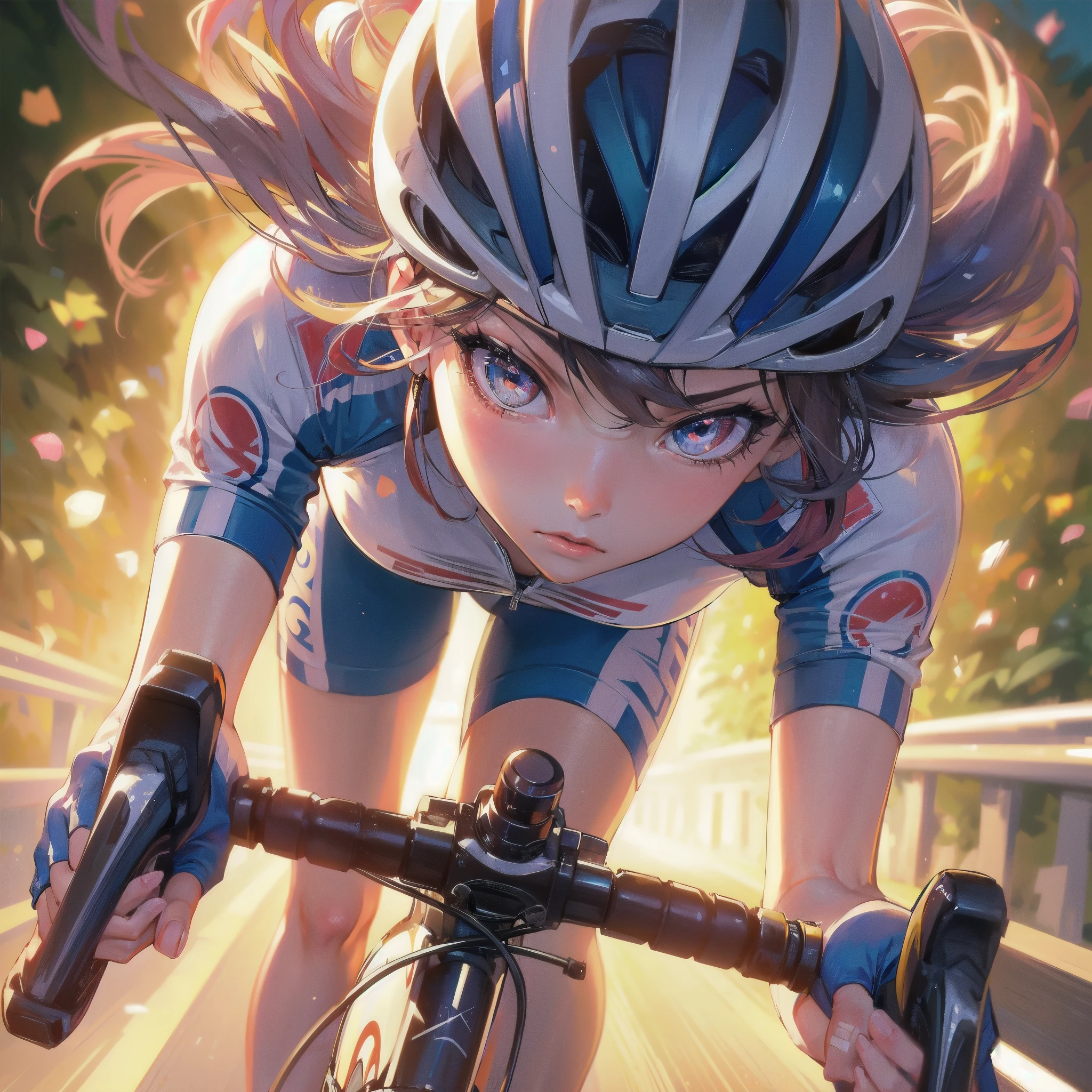 high quality,HD,16k,sharp lines,1 girl,Female cycling athlete ,cute face, large breasts, nice legs,At the cycling venue,focus girl,detailed beautiful face,detailed clothes,beautiful eyes,cool,dynamic angle