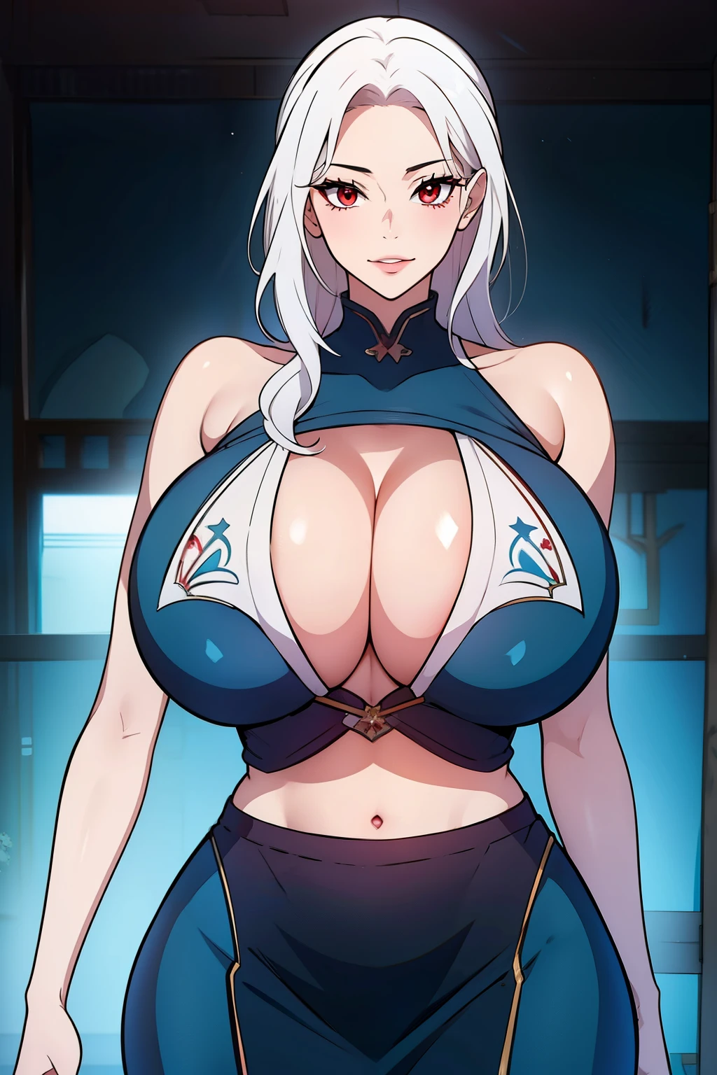 An anime-style artwork depicting ruan mei from the game Honkai star rail.

Tags: ruan mei, anime, detailed eyes, detailed lips, crop top, turtleneck, pencil skirt, smiling expression, intense gaze, glowing emblem on hand, dynamic pose, mystical background, vibrant colors, digital art, high-resolution, professional quality, gigantic breasts, (underboob : 1.4), curvy, cowboy shot, (gigantic breasts: 1.4), (red eyes: 1.4), (white hair: 1.4)