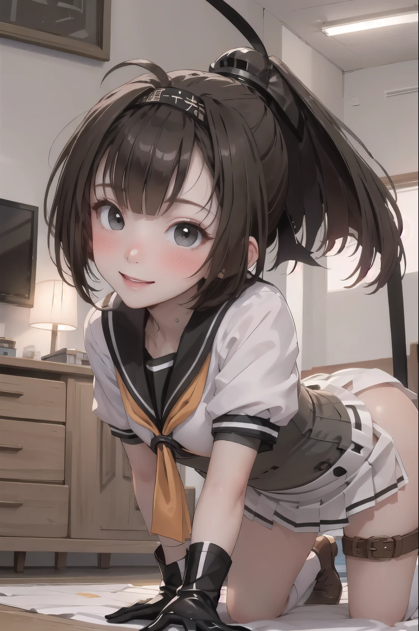 (masterpiece, highest quality:1.4), highest quality, masterpiece, High resolution,
(perfect anatomy), (symmetrical eyes, highly detailed eyes, beautiful eyes), (, super detailed face, beautiful face), (black eyes),
Destroy a girl, alone,
QiuyueKC, (Qiuyue) uniform, (black) head band, (black) sailor collar, (yellow) neckerchief, (colorful) gloves, (white) pleated skirt, (gray) boots, (white)(black) gloves, (right side) thigh strap,(short sleeve) serafuku, (gray) corset, mini skirt,blush
break　
buckshot, towards the audience, smile, (indoor, office, living room),
(Skirt flip), fully exposed panties, crawl on all fours,butt,back, from behind