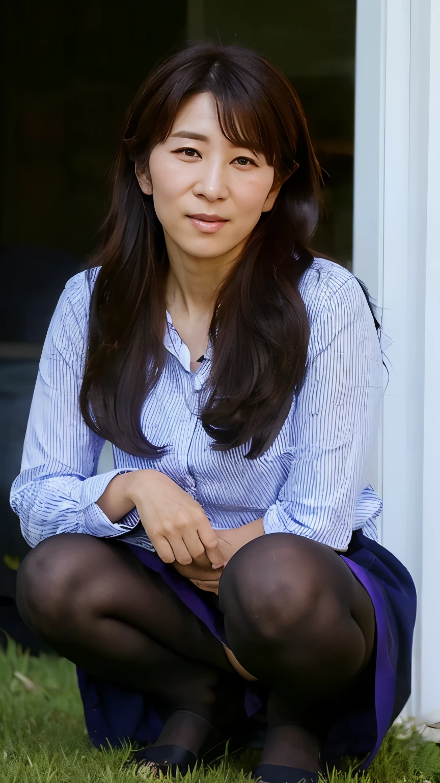 NSFW, ((Top Quality)), ((8K)), ((Masterpiece: 1.3)), (Perfect Appearance), (Photorealism: 1.6), (woman squatting on the grass), (She's squatting down and showing me her panties.), japanese woman, (58 years old), ((Realistic skin texture 1.8)), (Fine wrinkles throughout the skin: 1.3), (Dull skin: 1.1), (Skin without moisture: 1.2) , (Wrinkles on the face: 0.9), (Wrinkles on the corners of the eyes: 1.2), Double eyelids, tear bags on the lower eyelids, (Crying moles: 0.9), The eyes are looking here, serious gaze, (Dimples: 1.2), The gaze is looking diagonally upward to the right., long hair, soft fabric blouse, wide sleeves, Cuffs that fit your wrist, (The hem of the blouse is tucked into the skirt: 1.2), flare skirt, lifting up the skirt, (open legs), high heels, (panties), (panties under pantyhose: 1.2), (pantyhose), (pantyshot: 1.2), squatting, underwear, white panties, (whole body),