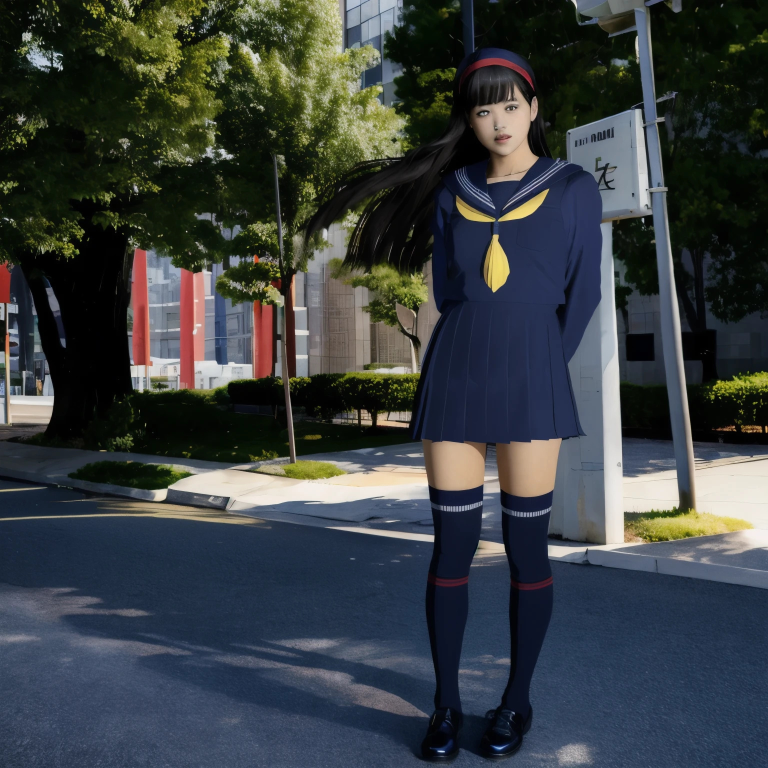 (8K, highest quality, masterpiece:1.2), (realistic, photo-realistic:1.37), Super detailed,highest quality, ultra high resolution, professional lighting, photon mapping, radio city, Physically based rendering, cinematic lighting, midnight road,Depth of written boundary, sharp focus, light, good composition,(beautiful thighs) 1 girl,alone,(whole body), ((high school girl sailor suit、navy knee socks)),fine and beautiful eyes, temporarily stop, tight waist,Japanese high school girl, black hair,messy hair,long hair fluttering in the wind,(Ulzzang-6500:1.2) mix 4,