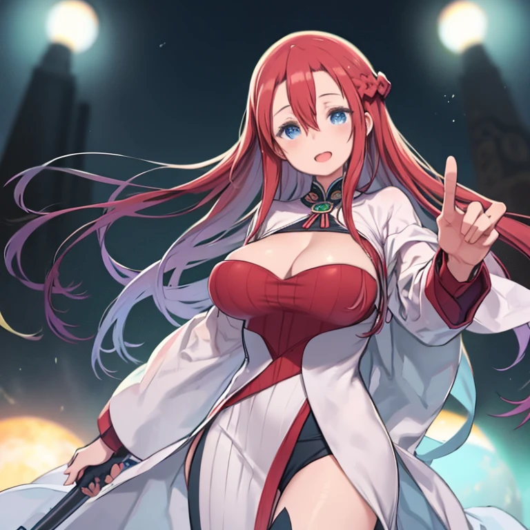 masterpiece, highest quality、Medium wide shot、cowboy shot、2 A woman with beautiful eyes、((aty, long hair, blue eyes, red hair、hair between eyes)、((big breasts、huge breasts))、Red and white costumeint, blue eyes, braid、long blonde hair、hair between eyes)、Green and white outfit)、Idol、singer、mature woman、singing on stage、have a microphone、Vibrant、Laughing with open mouth、big breasts、Colorful spotlights in red, blue, yellow and green、Decisive pose、Sweat、put your hand forward、Floundering costumes、cleavage、Two female units、