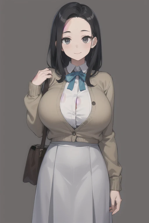 highest quality, (masterpiece:1.2),
1 girl, alone, closed mouth, smile,
black hair、semi short、mother、part your bangs in the middle、I can see the forehead, (huge breasts)
(Grey tight knit、Put on a khaki cardigan、white long skirt)
Are standing, looking at the viewer,I can see the whole body