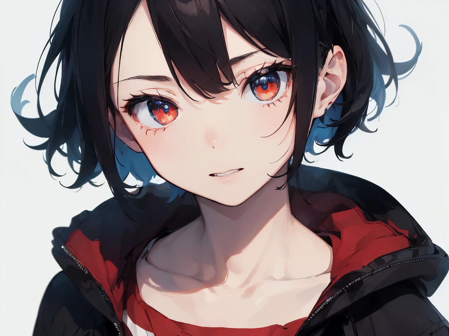 [(white background:1.5),::5], ((((masterpiece)))), high quality, ultra high resolution, full color, (((alone))), ((tough boys)), black hair, ((red striped hair)), blue eyes, japanese cartoon movies, upper body, neon lights, black parka, upper body, My face turned red.