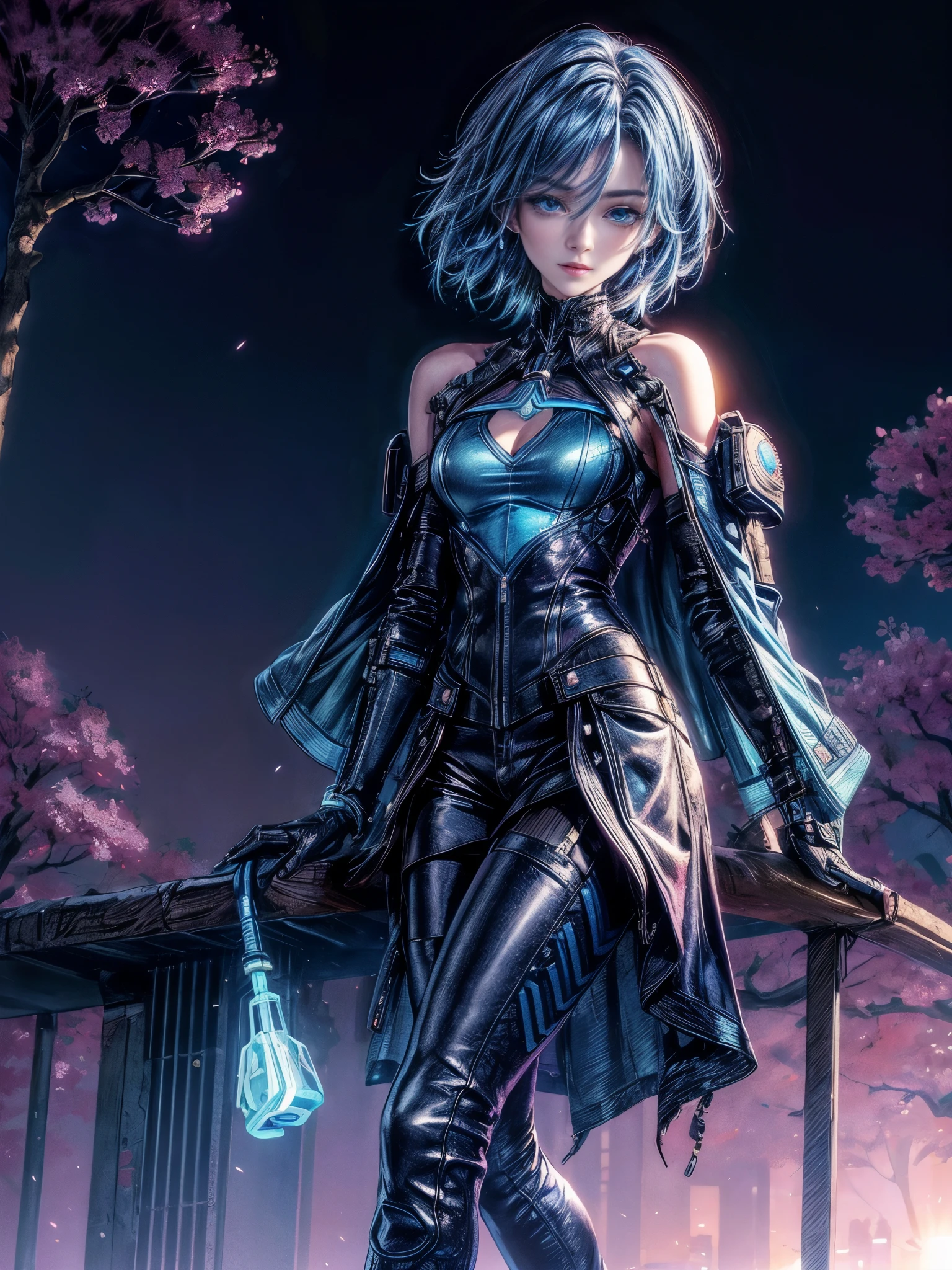 cinematic lighting、highest quality,Bright cyberpunk world、1 female、(20 year old beautiful woman、detailed beautiful facial 、short hair、shoulder length hair、blue eyes:1.4)break,medium hair、(vivid shiny blue hair color:1.3)
break
(Futuristic leather jacket with neon trim, cybernetic leggings, holographic accessories, LED-lit sneakers),
(During a break)
(A large park in the city at night:1.3)(Very beautifully accurate and detailed limbs:1.2)(beautiful scenery、A slightly blooming cherry tree)(portrait angle)