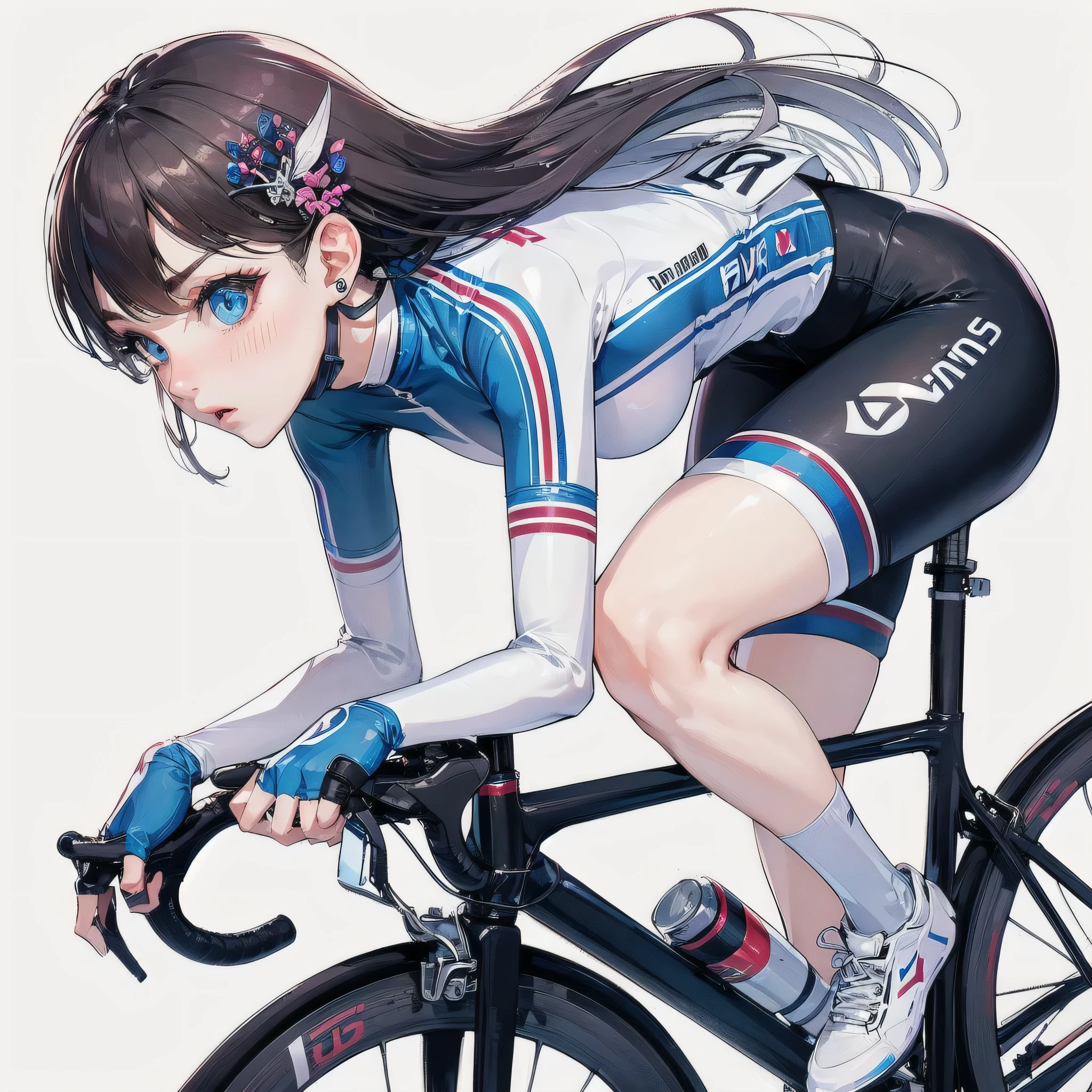 high quality,HD,16k,sharp lines,1 girl,Female cycling athlete ,cute face, large breasts, nice legs,At the cycling venue,focus girl,detailed beautiful face,detailed clothes,beautiful eyes,cool,dynamic angle