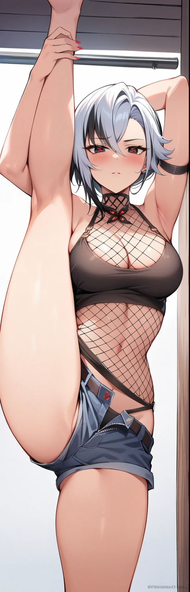 (masterpiece, best quality:1.2), 1girl, solo,standing_split, 
Arlecchino, sleeveless clothing,Sleeveless shirt,( fishing net garment), Unzip the jacket, Blush, x-shaped pupils,black eyes,red pupils，  detail_face， eyeslashes， shinny hair，，Konoha logo on the neck