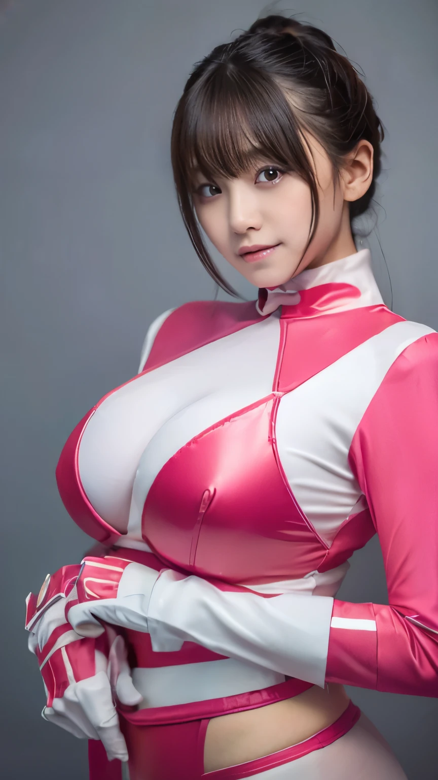 (highest quality、8K、32k、masterpiece、UHD:1.2、perfect body beauty:1.5、Wearing a shiny pale pink and white hero protector:1.8、Cute 25 year old Japan woman、big and full breasts:1.5、ponytail、Upper body、front、dynamic pose:1.5、NSWF:1.5