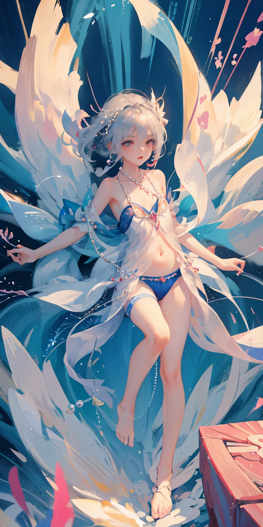 (Luo Tianyi),a girl、a baby face、Very cute、slim and beautiful、((small :1.2))、eyes well drawn、charming eyes、double tail、Wear jewelry and pearls around your neck,Transparent openwork、Deep V、Crystal Pearls、在Wear jewelry and pearls around your neck,white hair, Showing thighs, bare shoulders, showing clavicle, Yao Liu, barefoot,((whole body))、painful posture