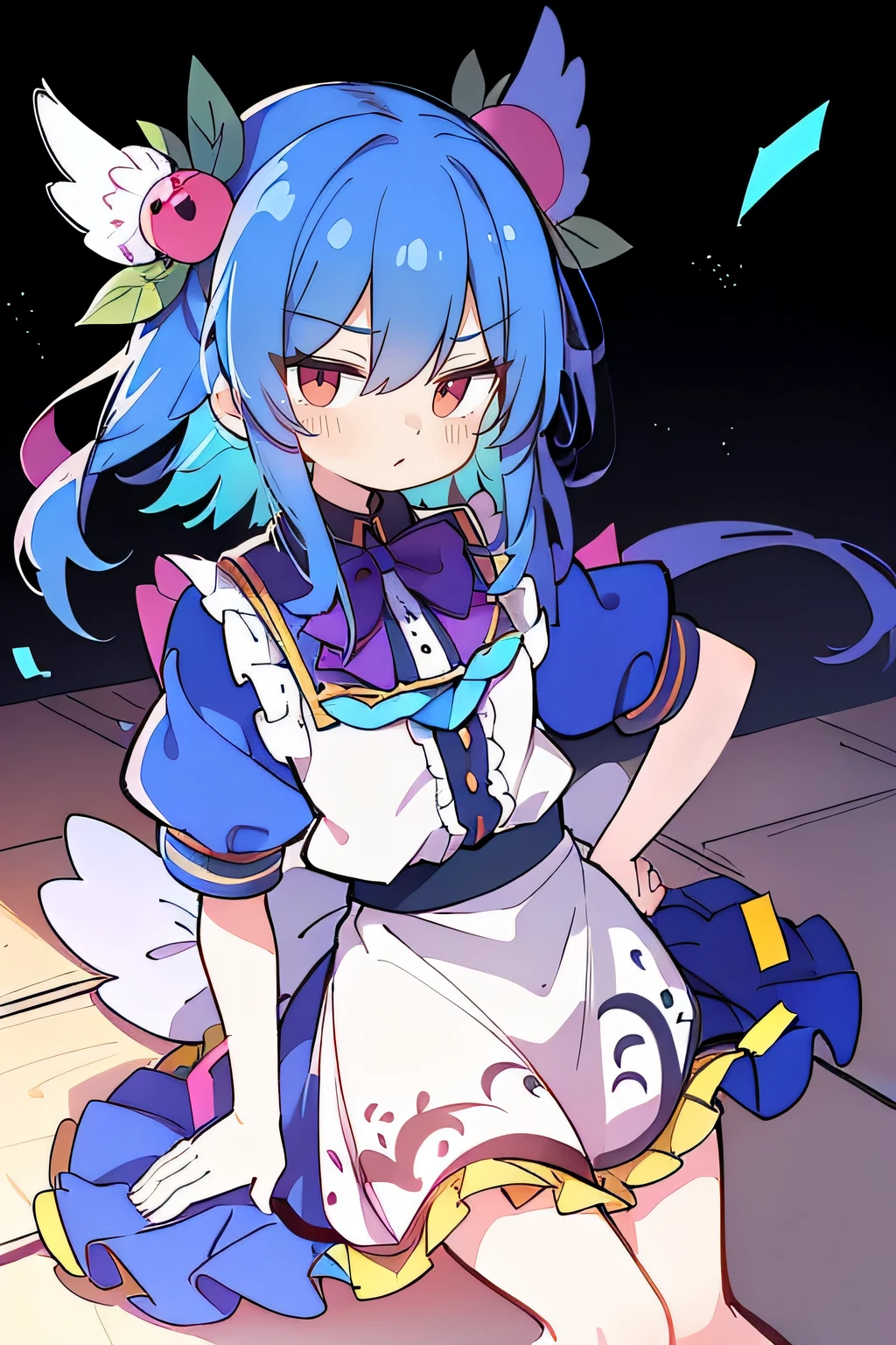 (masterpiece),best quality, expressive eyes, perfect face, 1girl,
 Put your hands on your waist,fair, Gorgeous,Japanese cartoons,girl,lola,Hina Angel, blue hair, blue haired, floating clothes,Grab your waist, Grab your waist, hands on hips , hands on hips,sit, sit on ground, Legs on the ground, flat chest