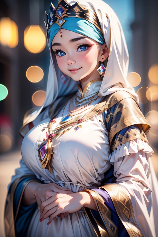 Hyper realistic, Beautiful, cute baby Face, 15 Years old russian lolita Girl, blue eyes, wearing hijab, tiara, Rounded Breast,slightly Chubby , luxury earrings, luxury necklace, White Skin, Smiling, Dark City Background, mid shot, upper body, Perfect Potrait, Bokeh Effect, Look at Viewer, Perfect Eye, Perfect Hand, Perfect Finger, Bracelet, Ring, (breastssize:1.2), ((adorable:1.2)), ((masterpiece:1.1)), ((bokeh:1.2)),
