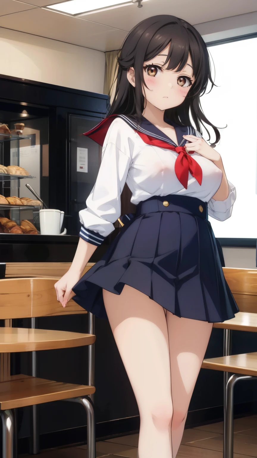 2 girls, by 2 person, Girl&#39;s brown eyes, black hair, medium long hair, Inward roll、(sailor suit:1.4),indoors, Cafe、very big breasts、publish one&#39;chest of、Naked things&#39;chest of、The nipples are transparent、blush、embarrassing、scary face、I&#39;m worried、confused face、a large amount of breast milk comes out of the nipples,、Breast milk gushes from the nipple、very short skirt、micro mini skirt、female shape&#39;Private parts are clearly visible