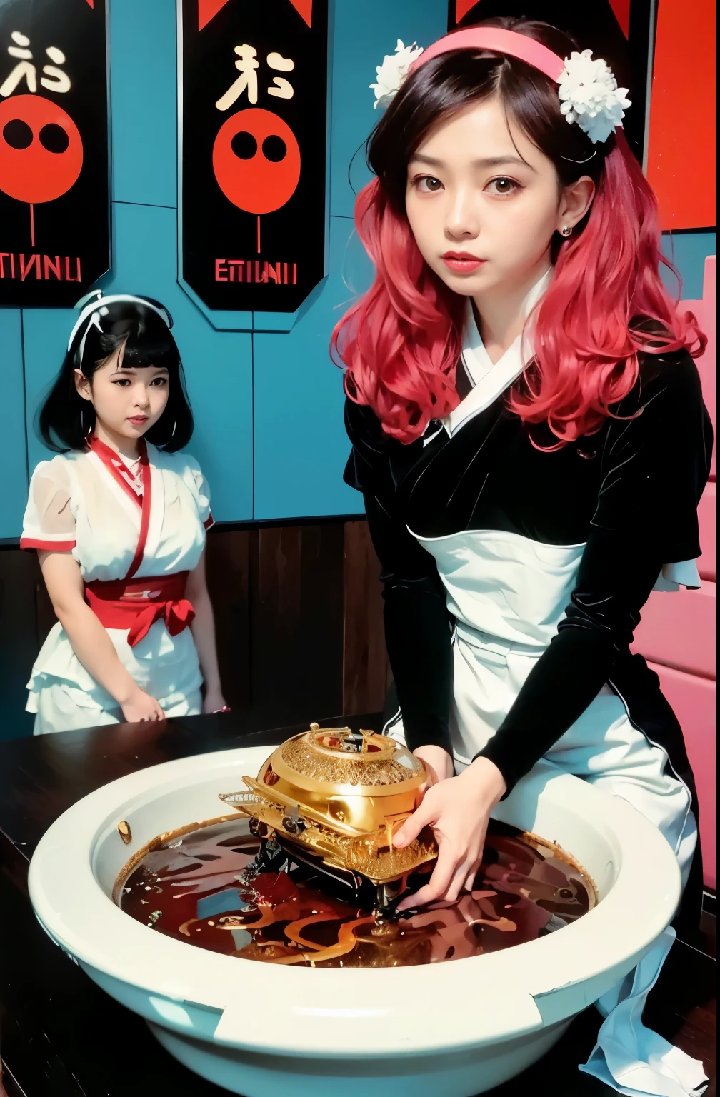 (top-quality:1.2, masterpiece)、ultra high resolution、extremely ultra surrealism, (Photorealsitic:1.4)、Raw photo、(Steampunk Battle Cyborg fallen angel)、large wings made of metal、black porcelain body、red  hair、glowy skin、1 Cyborg girl、(mechanical frame:1.3)japanese, extremely cute face,  ((super realistic details))、portrait、globalillumination、Shadow、octan render、8K、ultrasharp、character edge light、Details of complex ornaments、Acrylic Clear Cover、Sumerian details、Hydraulic cylinder、Small LED lamp、highly intricate detail、Realistic light、a purple eye、radiant eyes、Facing the camera、neon details、cowboy  shot、Futuristic headgear、About Cyberpunk