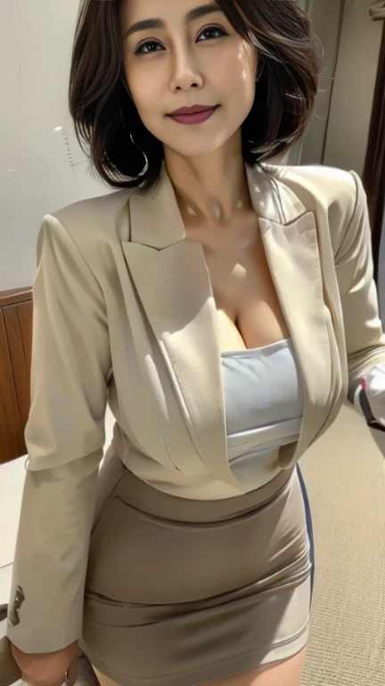 ((white smoke nurse uniform)),mini skirt,big breasts,plump body,,bob hair,hospital,table top, very detailed and beautiful,attractive mature woman,adult woman,Japanese、gentle smile、seductive gaze、