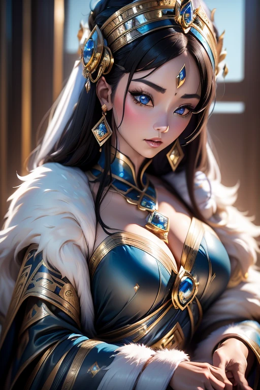 Woman (Costume Beauty 1.3) (Royal Sister,, Double Eyelids 1.2), Fur, Metallic, Very Detailed, Detailed Detail, Masterpiece, Reduced Contrast, Cinematic Light Effects,