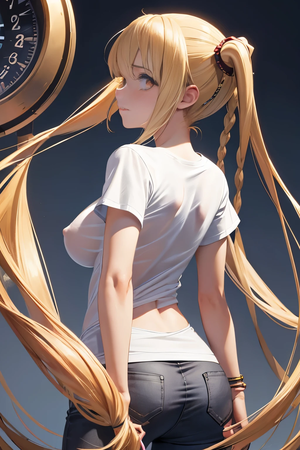 Optimal，masterpiece，High resolution，highest quality，hyper hd，Super detailed，award-winning，16k，alone，（Upper body），correct anatomy，beautiful cyberpunk girl，cowboy shot、cute face，，blonde、long hair、twin tails、Braid, hair line，（（scarlet eyes）），long eyelashes，drooping corners of the eyes，white skin，((shot from behind)), ((T-shirt:1.5)), clock top、((transparent nipples))、rocket , ((big breasts)),（because I&#39;thin），