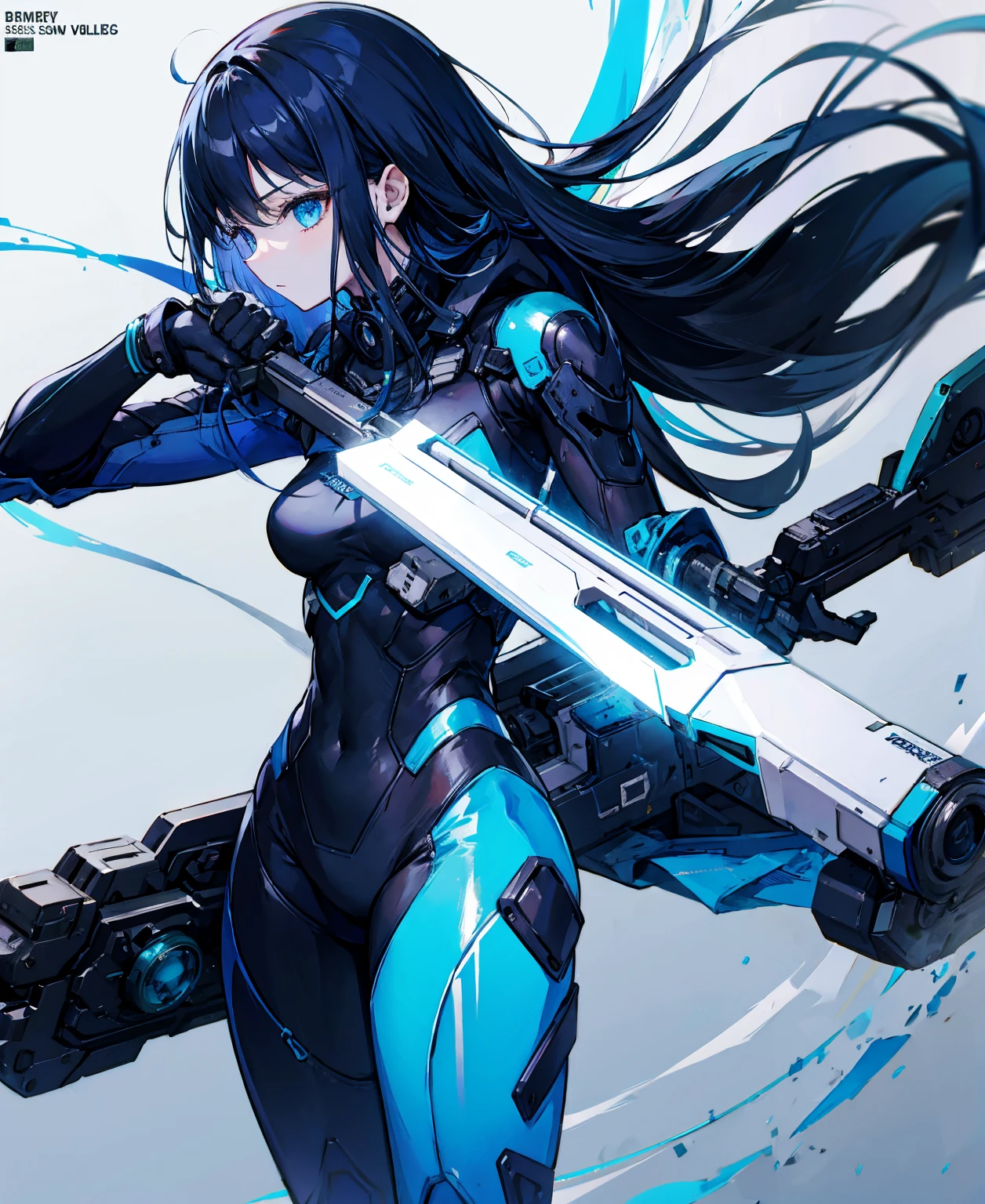no background,girl,carry a firearm,Enamel-like tight suit,use of firearms,dark blue long hair,attention arousal,blue colored eyes,no gradation
